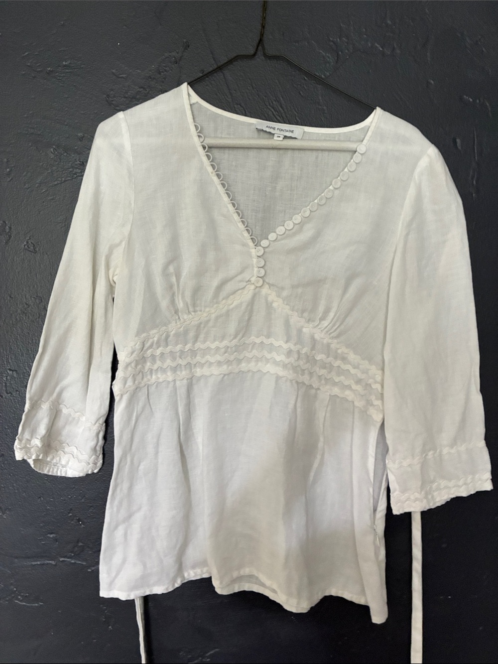 Anne Fontaine White Linen V-Neck Peasant Blouse